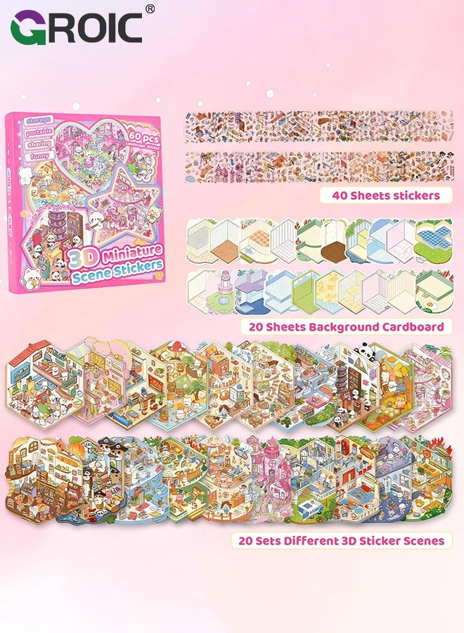 GROIC 20 Sets 3D Sticker Scen, Scene Sticker Book for Adult Kids for Relief Stress Pass The Time, Make Your Own Cute 3D Miniature Stickers Scene Sticker, Build Decorative Miniature House, Landscape Scenes - Image 2